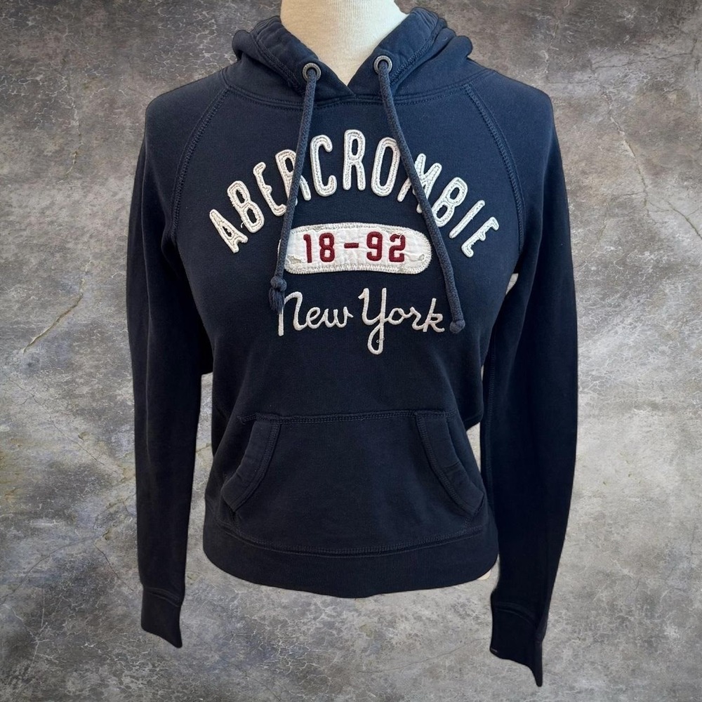 Vintage Abercrombie & Fitch NY Spellout Hoodie Navy Blue Women's Size Small Y2K